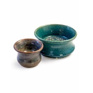 Signed Holly CE Studio Pottery Bowls Blue Green Glaze Art Pottery Set